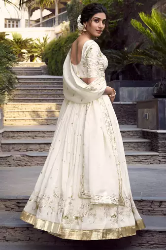 Off-White Sequin and Thread Embroidered Silver Glossy indian designer wedding lehenga dress