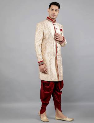 men's slim fit floral woven design sherwani set 3