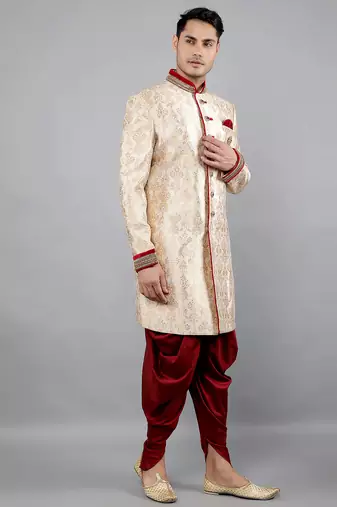 men's slim fit floral woven design sherwani set
