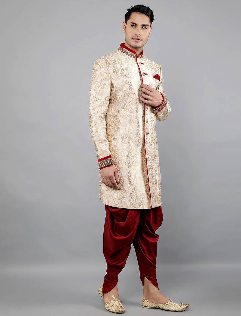 men's slim fit floral woven design sherwani set