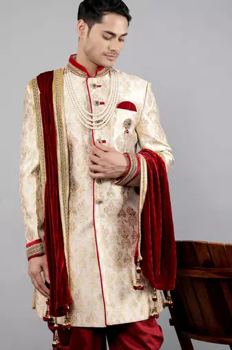 men's slim fit floral woven design sherwani set