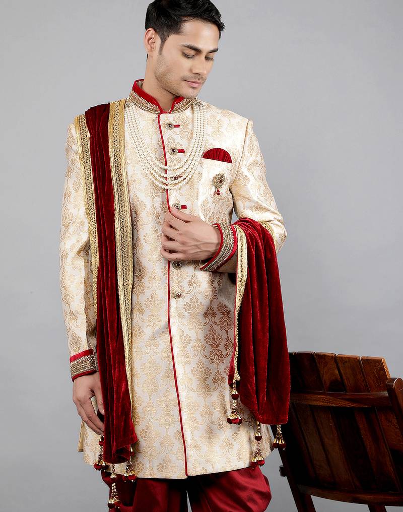 men's slim fit floral woven design sherwani set