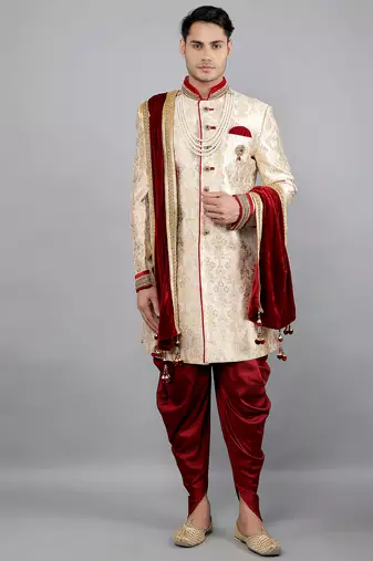 men's slim fit floral woven design sherwani set