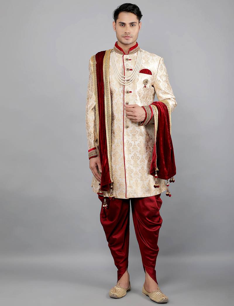 men's slim fit floral woven design sherwani set
