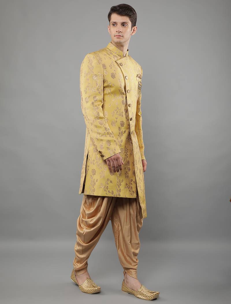 creations men's slim fit floral woven design sherwani set