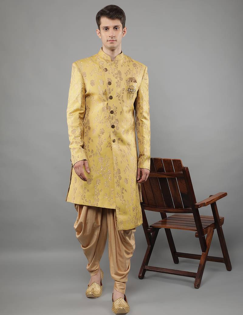 creations men's slim fit floral woven design sherwani set