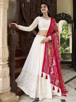 White Lucknowi Paper Mirror Work Georgette Lehenga choli with Red Patola Print Dupatta 1