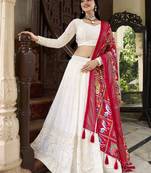 White Lucknowi Paper Mirror Work Georgette Lehenga choli with Red Patola Print Dupatta