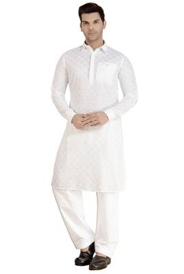Arruga stylish white Cotton chikankari Full Sleeve pathani salwar set for men 1
