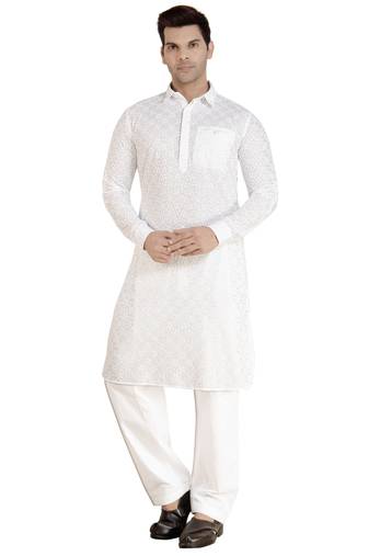 Arruga stylish white Cotton chikankari Full Sleeve pathani salwar set for men