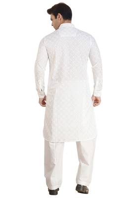 Arruga stylish white Cotton chikankari Full Sleeve pathani salwar set for men 2