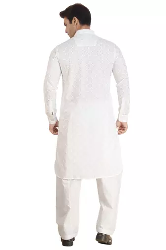 Arruga stylish white Cotton chikankari Full Sleeve pathani salwar set for men