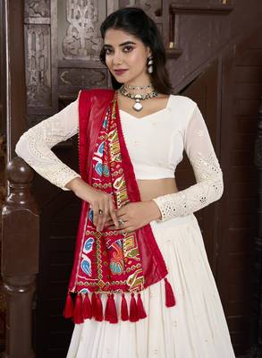 White Lucknowi Paper Mirror Work Georgette Lehenga choli with Red Patola Print Dupatta 3