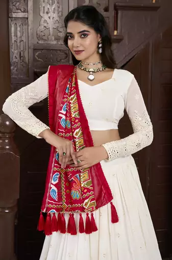 White Lucknowi Paper Mirror Work Georgette Lehenga choli with Red Patola Print Dupatta