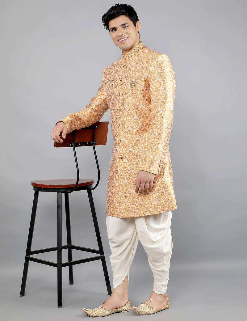 men's slim fit woven design indowestern sherwani set
