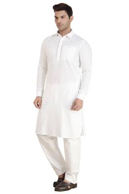 Arruga stylish white Cotton chikankari Full Sleeve pathani salwar set for men 3
