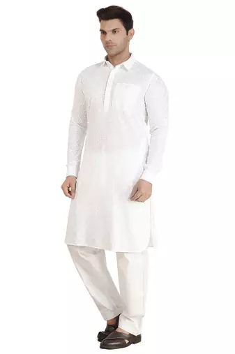 Arruga stylish white Cotton chikankari Full Sleeve pathani salwar set for men