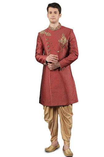 men's woven design embroidery sherwani set