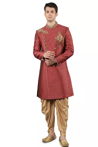 men's woven design embroidery sherwani set