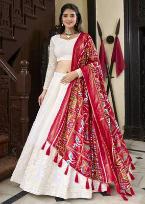White Lucknowi Paper Mirror Work Georgette Lehenga choli with Red Patola Print Dupatta 4