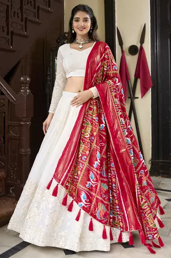 White Lucknowi Paper Mirror Work Georgette Lehenga choli with Red Patola Print Dupatta