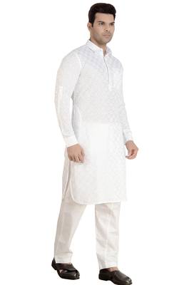 Arruga stylish white Cotton chikankari Full Sleeve pathani salwar set for men 4