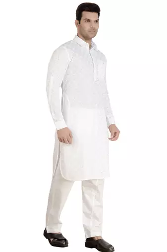 Arruga stylish white Cotton chikankari Full Sleeve pathani salwar set for men