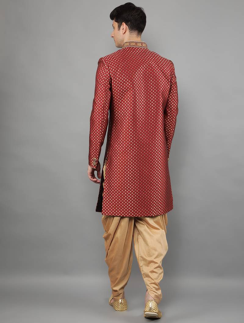 men's woven design embroidery sherwani set
