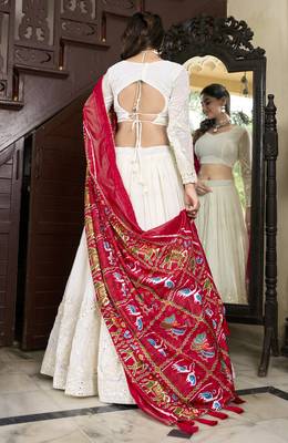 White Lucknowi Paper Mirror Work Georgette Lehenga choli with Red Patola Print Dupatta 5