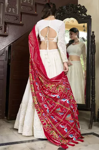 White Lucknowi Paper Mirror Work Georgette Lehenga choli with Red Patola Print Dupatta
