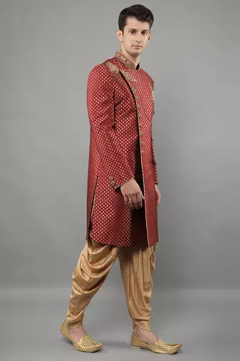 men's woven design embroidery sherwani set