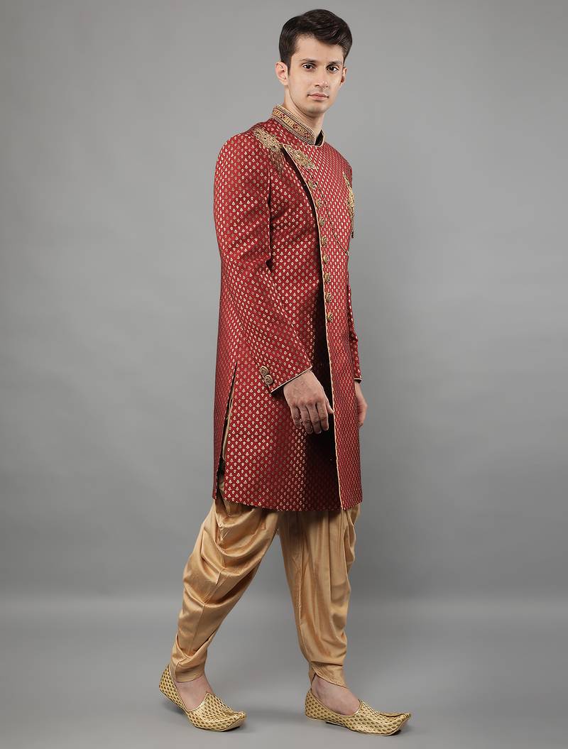 men's woven design embroidery sherwani set