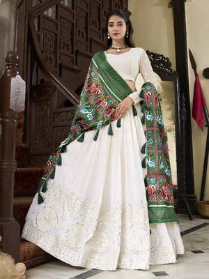 white lucknowi paper mirror work georgette lehenga choli with green patola print with gotta patti lace bordered dupatta 1