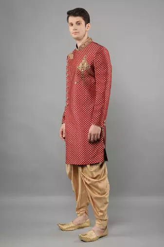 men's woven design embroidery sherwani set