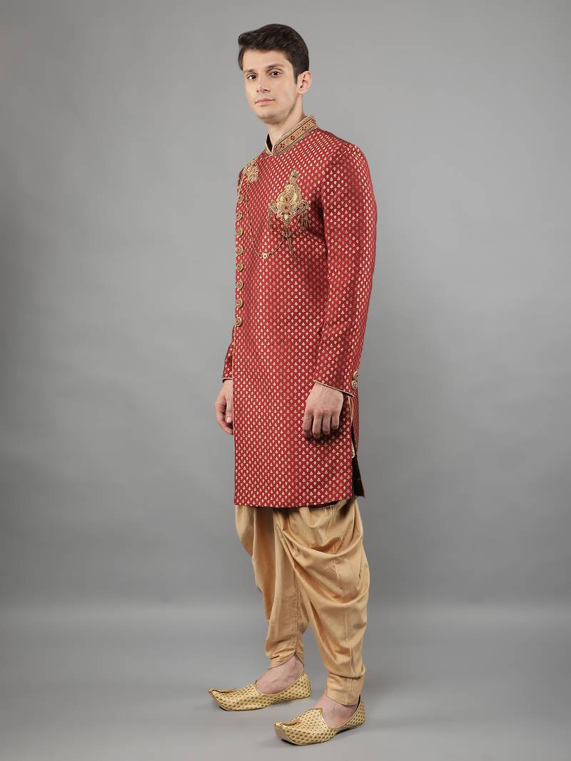 men's woven design embroidery sherwani set