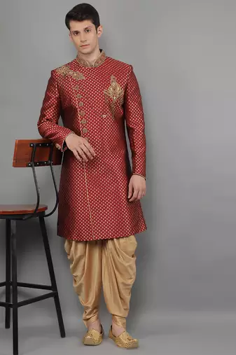 men's woven design embroidery sherwani set
