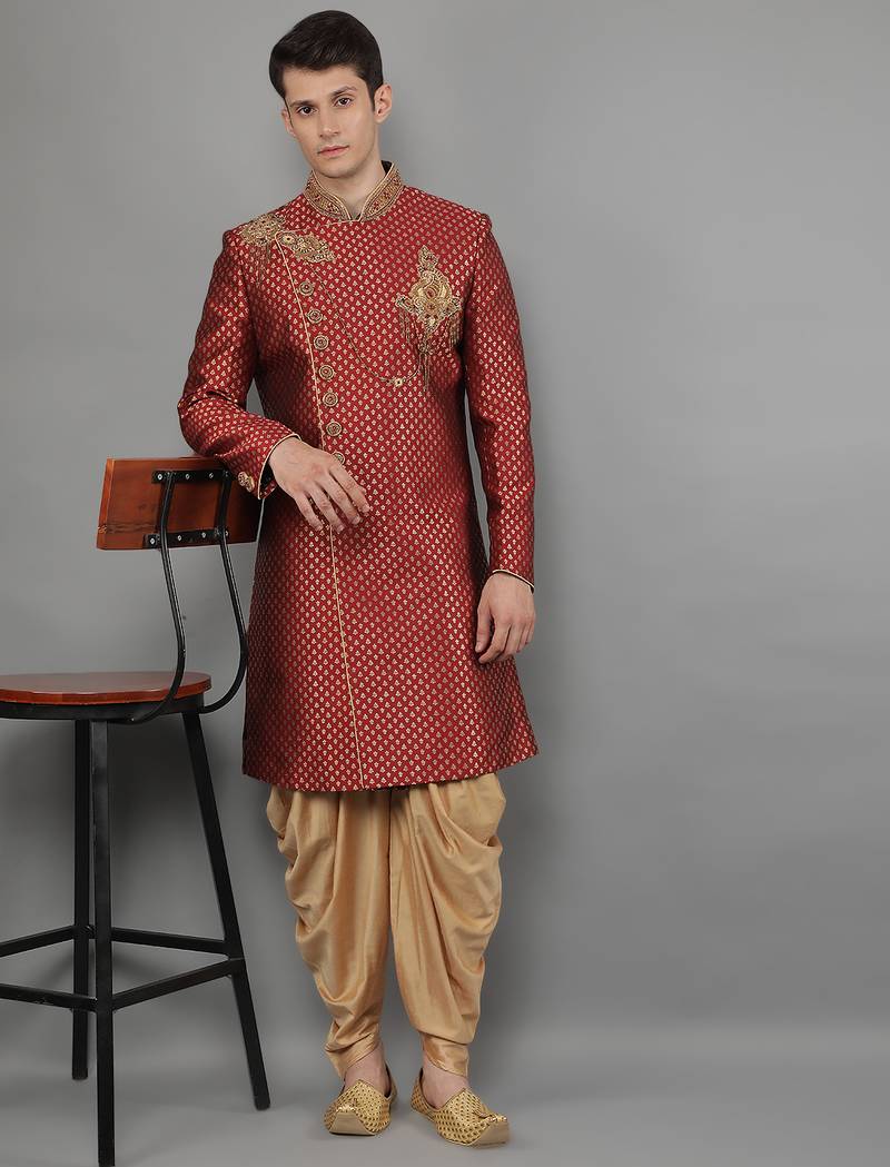 men's woven design embroidery sherwani set