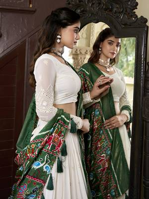 white lucknowi paper mirror work georgette lehenga choli with green patola print with gotta patti lace bordered dupatta 3