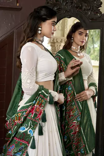 white lucknowi paper mirror work georgette lehenga choli with green patola print with gotta patti lace bordered dupatta