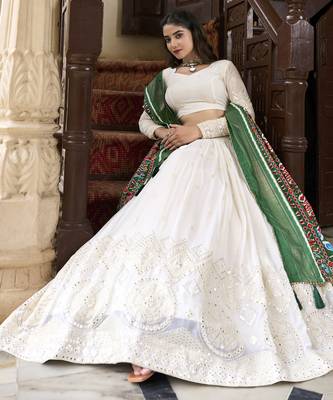 white lucknowi paper mirror work georgette lehenga choli with green patola print with gotta patti lace bordered dupatta 4