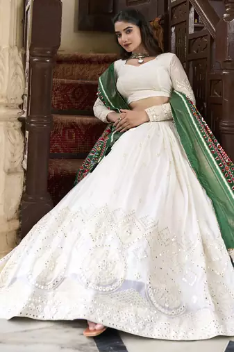 white lucknowi paper mirror work georgette lehenga choli with green patola print with gotta patti lace bordered dupatta
