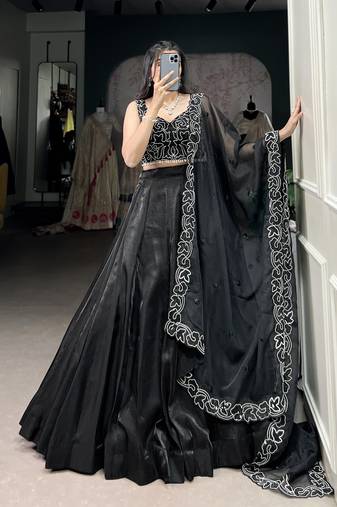 black sequins embroidered satin designer lehenga dress