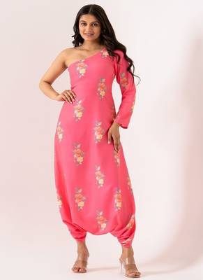 Pink cotton rayon floral printed one shoulder jumpsuit 1