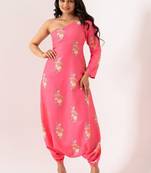 Pink cotton rayon floral printed one shoulder jumpsuit