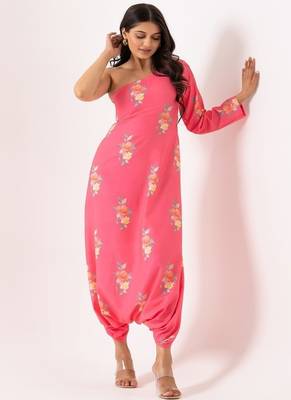 Pink cotton rayon floral printed one shoulder jumpsuit 2