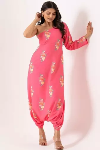 Pink cotton rayon floral printed one shoulder jumpsuit