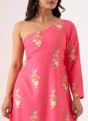 Pink cotton rayon floral printed one shoulder jumpsuit 3