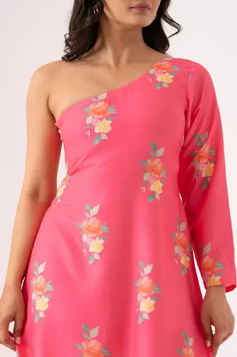 Pink cotton rayon floral printed one shoulder jumpsuit