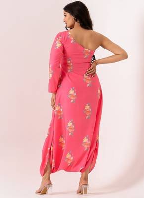 Pink cotton rayon floral printed one shoulder jumpsuit 4