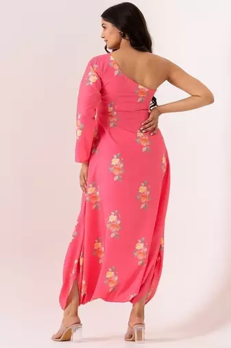 Pink cotton rayon floral printed one shoulder jumpsuit